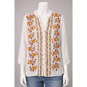 Boho Embroidered Blouse Womens L Sheer Floral Peasant Top Cottagecore